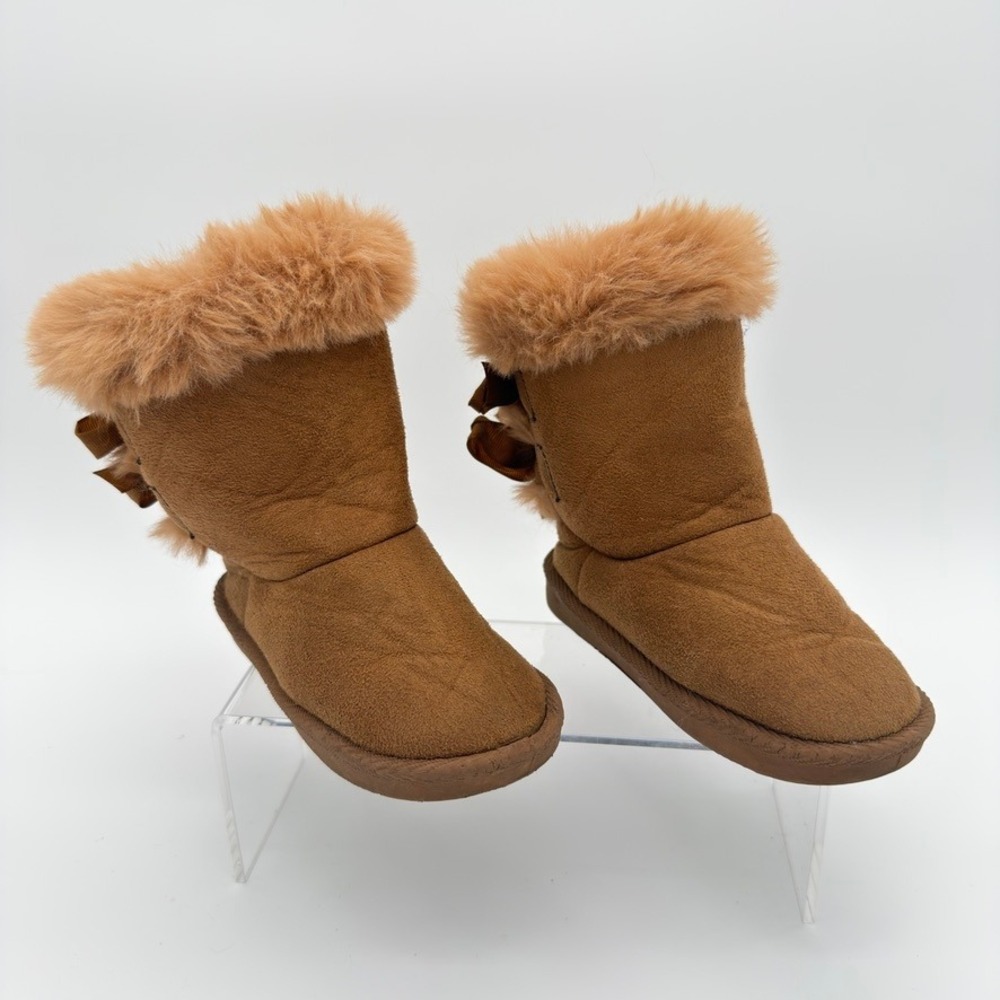 Faux Fur Winter Boots Size 8 Brown Suede Look Ribbon Tie Mid Calf